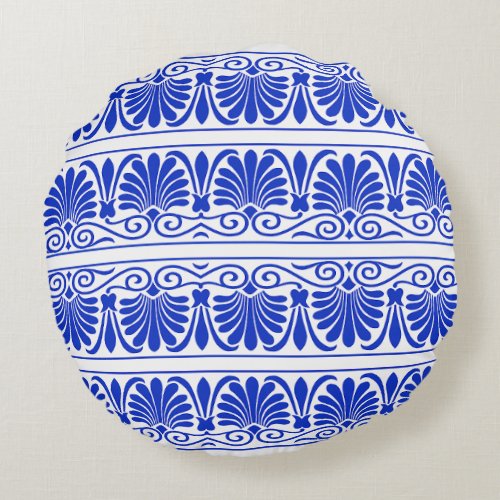 Greek Mediterranean Arabesque Pattern Blue Round Pillow