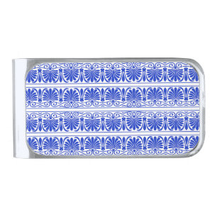 Greek Mediterranean Arabesque Pattern Blue Silver Finish Money Clip