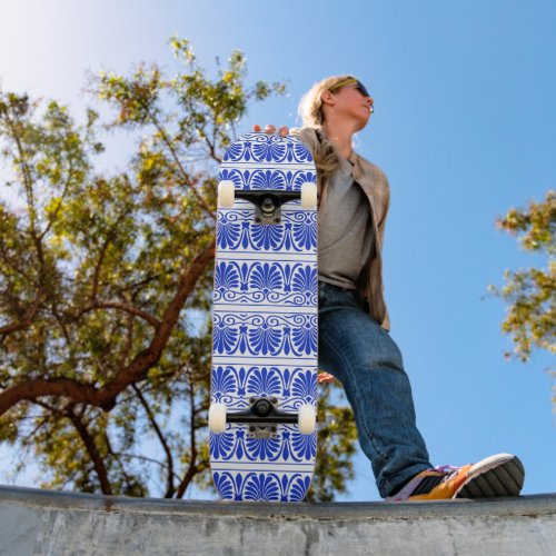 Greek Mediterranean Arabesque Pattern Blue Skateboard
