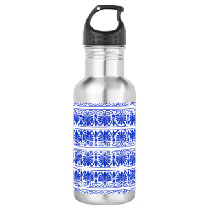 Greek Mediterranean Arabesque Pattern Blue Stainless Steel Water Bottle