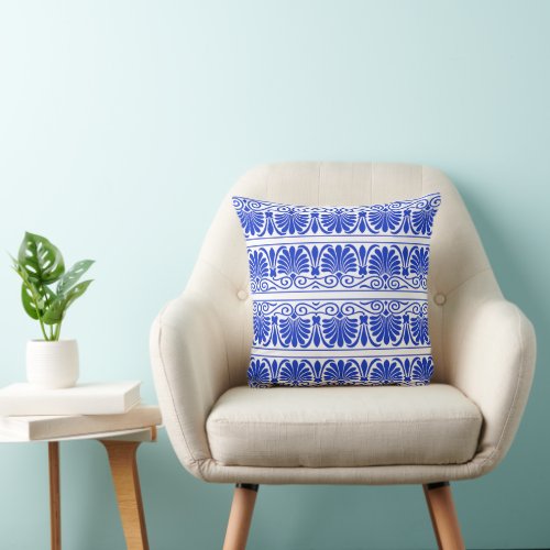 Greek Mediterranean Arabesque Pattern Blue Throw Pillow