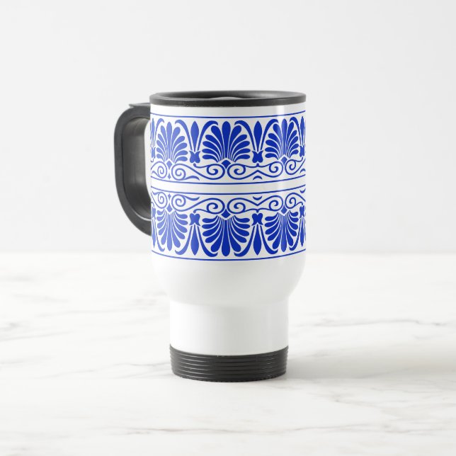Greek Mediterranean Arabesque Pattern Blue Travel Mug (Front Left)