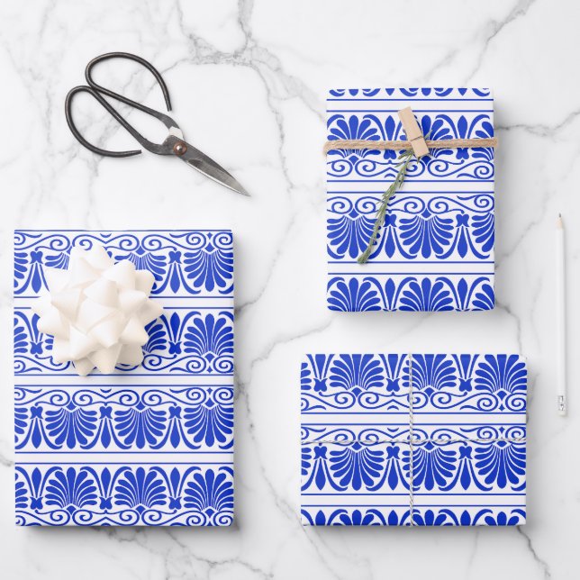 Greek Mediterranean Arabesque Pattern Blue Wrapping Paper Sheets (Front)