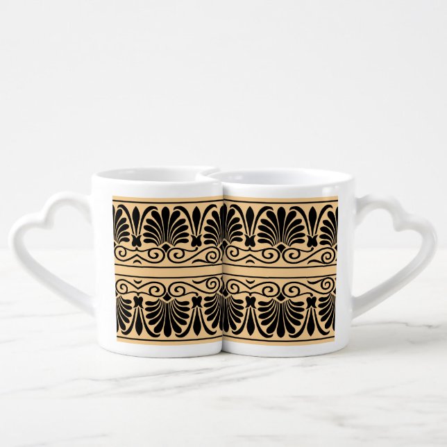 Greek Mediterranean Arabesque Pattern Brown Coffee Mug Set (Back Nesting)