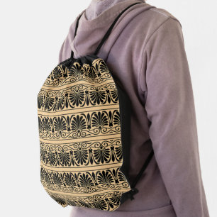 Greek Mediterranean Arabesque Pattern Brown Drawstring Bag