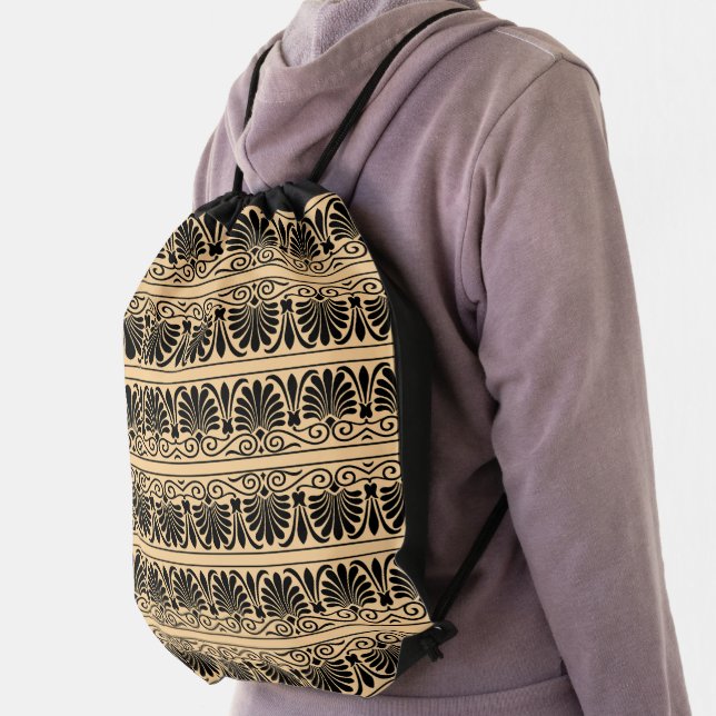 Greek Mediterranean Arabesque Pattern Brown Drawstring Bag (Insitu)