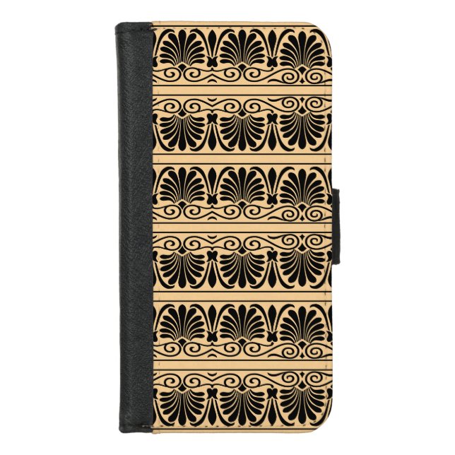 Greek Mediterranean Arabesque Pattern Brown iPhone Wallet Case (Front)