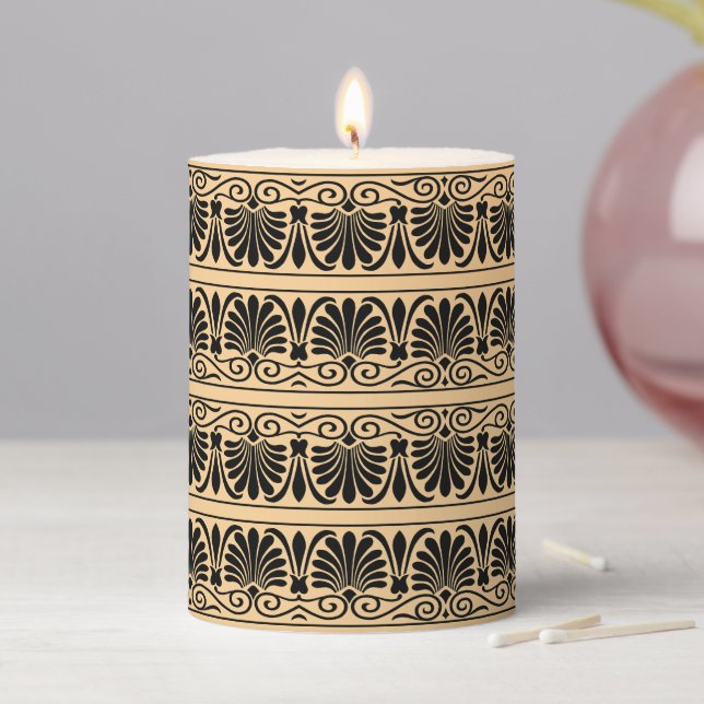 Greek Mediterranean Arabesque Pattern Brown Pillar Candle (In Situ)