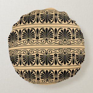 Greek Mediterranean Arabesque Pattern Brown Round Pillow