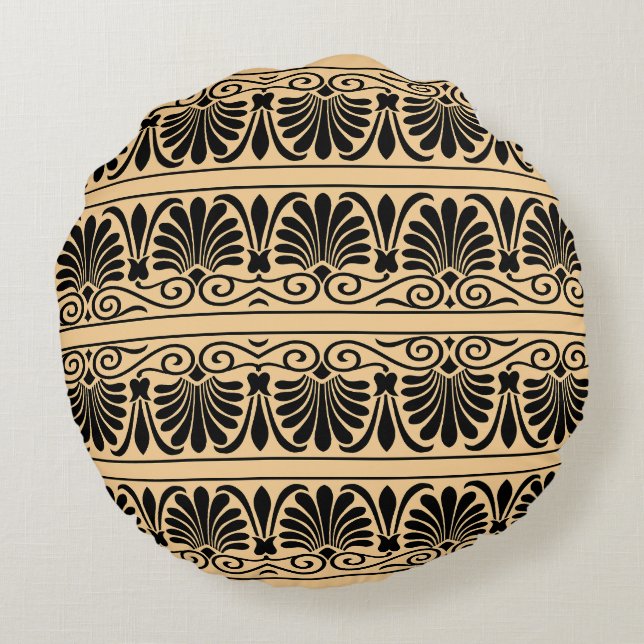 Greek Mediterranean Arabesque Pattern Brown Round Pillow (Back)