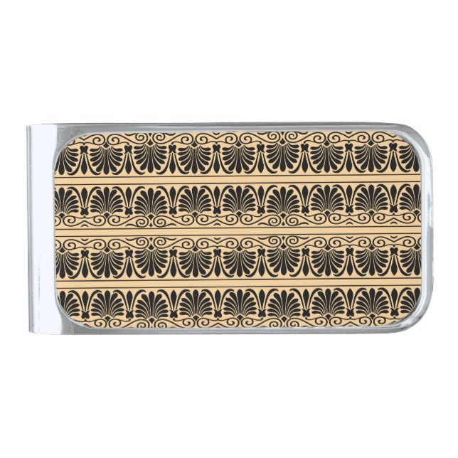 Greek Mediterranean Arabesque Pattern Brown Silver Finish Money Clip (Front)