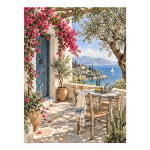 Greek Mediterranean Seaside Terrace Watercolor Photo Print