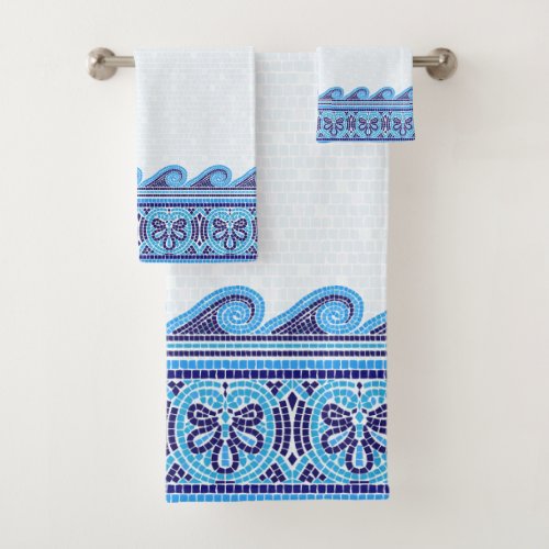 Greek Mosaic Tile Ornament _ Shades of Blue Bath Towel Set