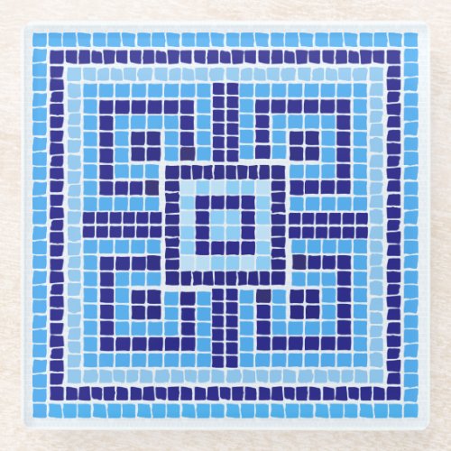 Greek Mosaic Tile Ornament _ Shades of Blue Glass Coaster