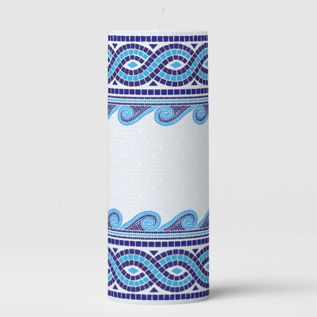 Greek Mosaic Tile Ornament - Shades of Blue Pillar Candle (Front)