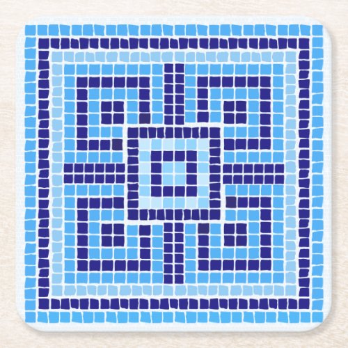 Greek Mosaic Tile Ornament _ Shades of Blue Square Paper Coaster