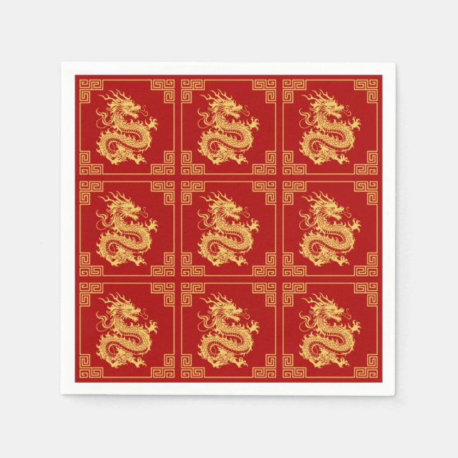 Greek Ornament Frame Gold Dragon Pattern Red  Napkins (Front)