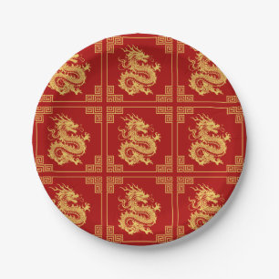 Greek Ornament Frame Gold Dragon Pattern Red  Paper Plates