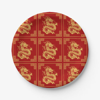 Greek Ornament Frame Gold Dragon Pattern Red Paper Plates