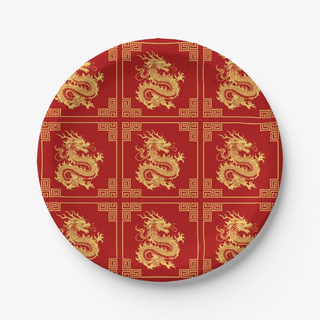 Greek Ornament Frame Gold Dragon Pattern Red  Paper Plates (Front)