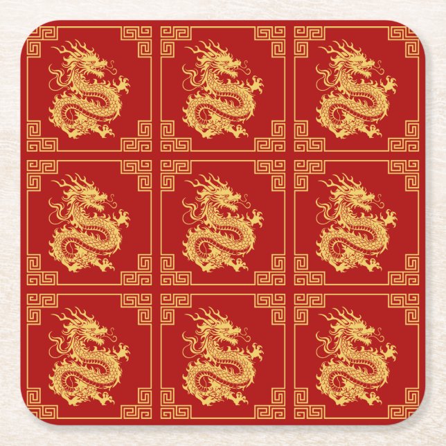 Greek Ornament Frame Gold Dragon Pattern Red  Square Paper Coaster (Front)