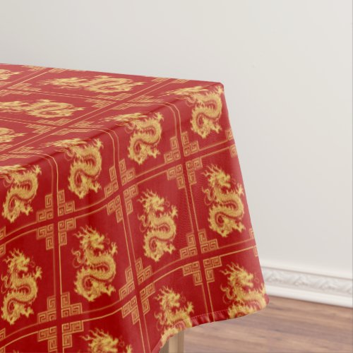 Greek Ornament Frame Gold Dragon Pattern Red  Tablecloth