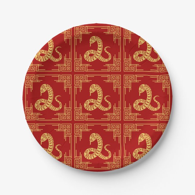 Greek Ornament Frame Gold Snake Pattern Red  Paper Plates (Front)