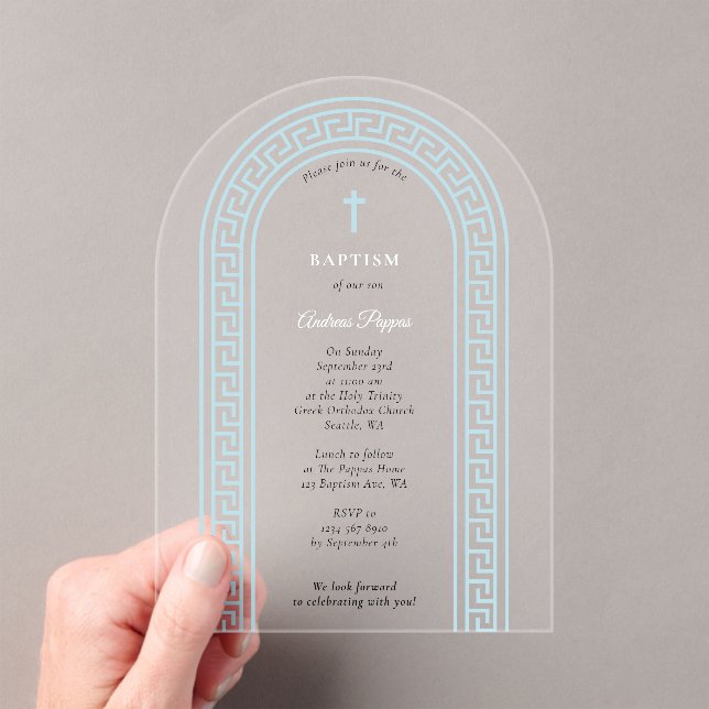 Greek Orthodox Christening Baptism Blue Greek Key  Acrylic Invitations (Insitu (Handheld))