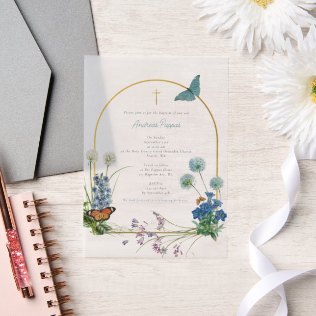 Greek Orthodox Christening Baptism Boy Wildflower Vellum Invitations (Wedding)
