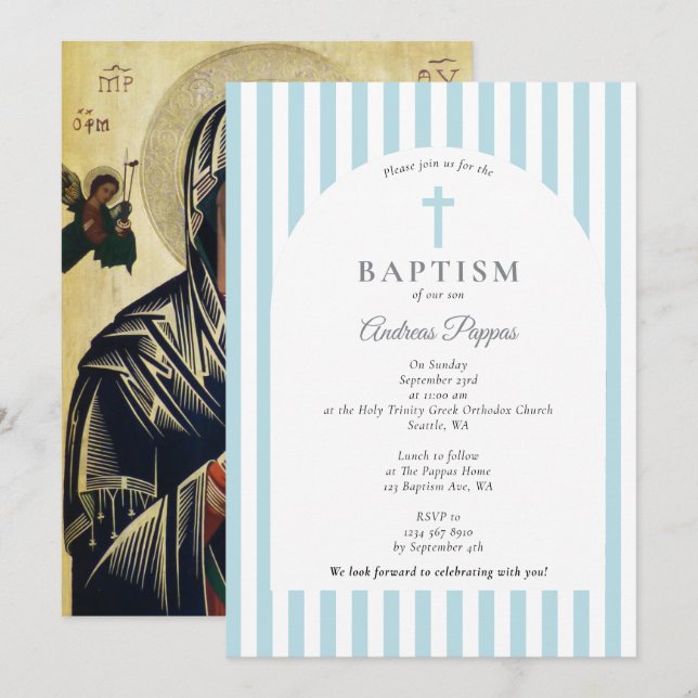 Greek Orthodox Christening Baptism Dusty Blue Boy Invitation (Front/Back)
