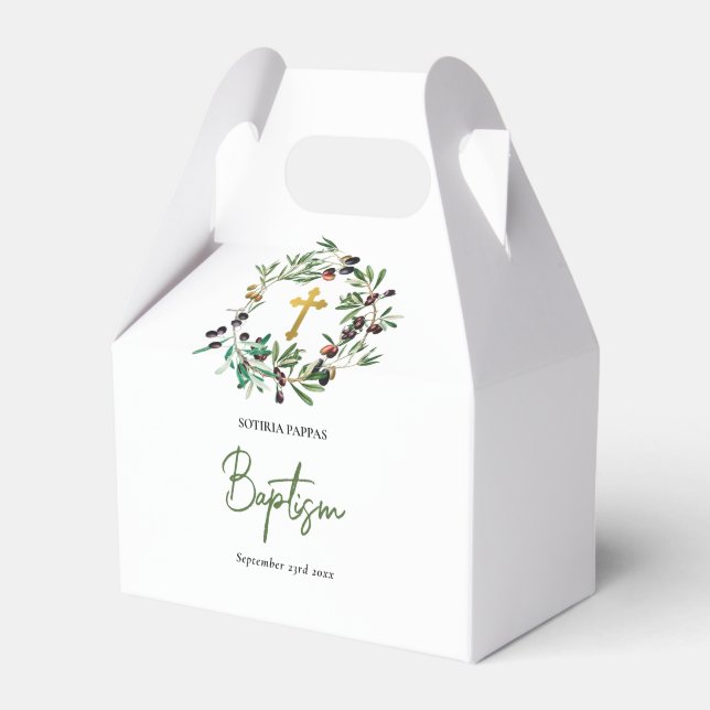 Greek Orthodox Christening Baptism Olives Greenery Favor Boxes (Front Side)
