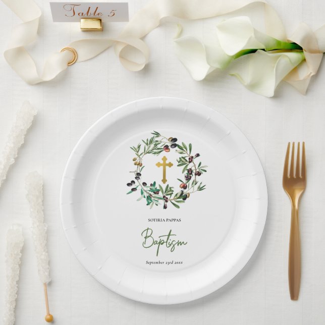 Greek Orthodox Christening Baptism Olives Greenery Paper Plates (Wedding)
