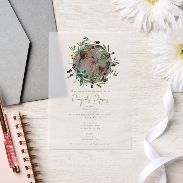 Greek Orthodox Christening Baptism Olives Photo Vellum Invitations (Wedding)