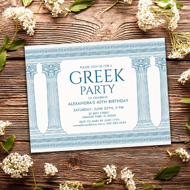Greek party postcard invite with blue columns (Creator Uploaded)