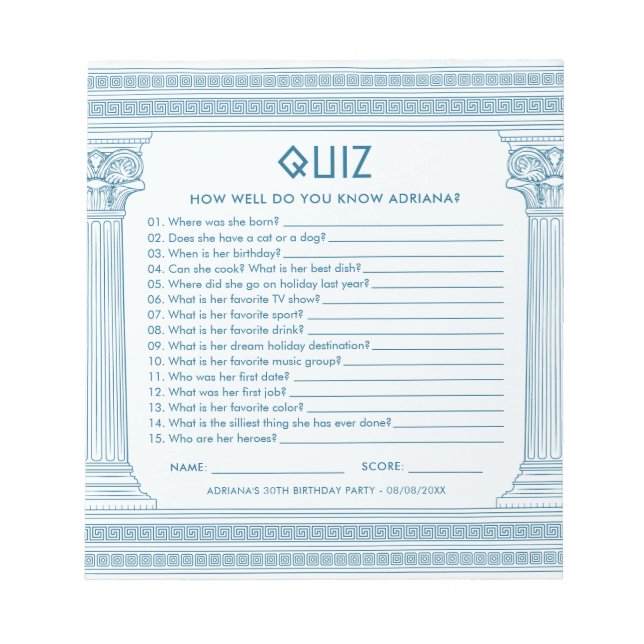 Greek party quiz notepad (Front)