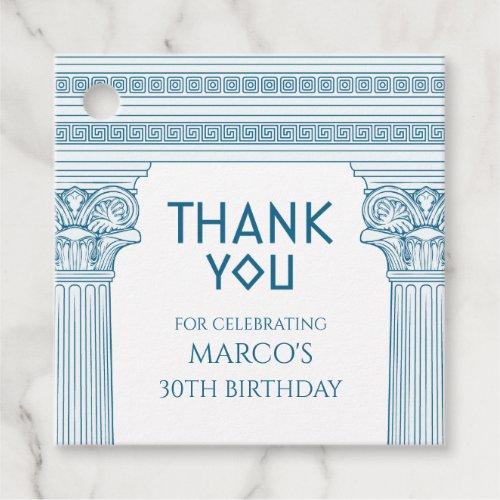 Greek Party with blue columns Thank you Favor Tags