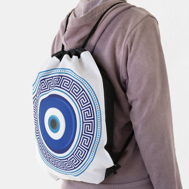 Greek Pattern Evil Eye Nazar Drawstring Bag (Insitu)