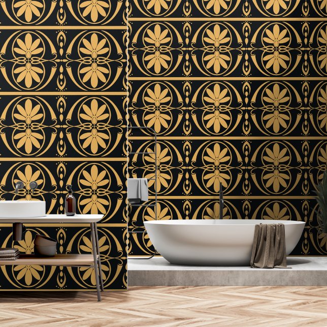 Greek Pattern Gold and Black Wallpaper Wallpaper (Bathroom)