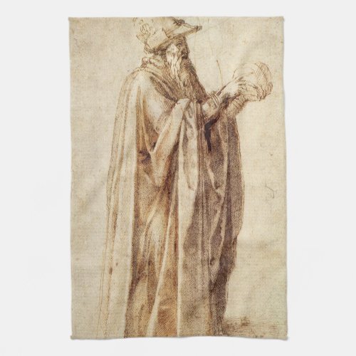 Greek Philosopher with Human Skull by Michelangelo Kitchen Towel