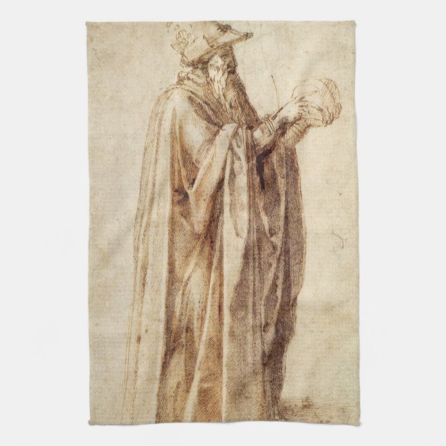Greek Philosopher with Human Skull by Michelangelo Kitchen Towel (Vertical)