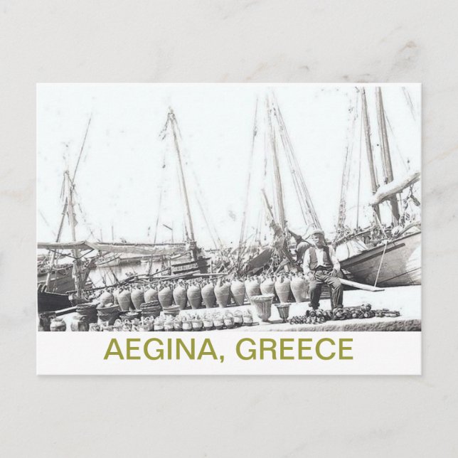 GREEK POSTCARD~MAN, BOAT, AND VASES ON AEGINA POSTCARD (Front)