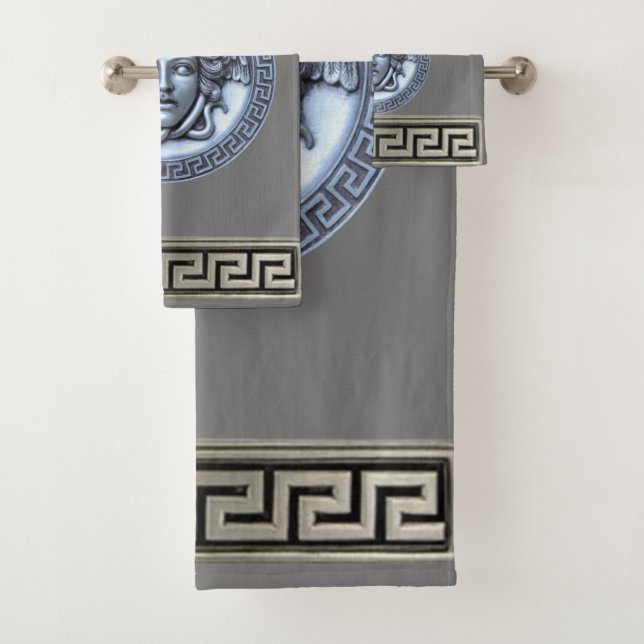 Greek Revival Silver / Grey Medusa  Bath Towel Set (Insitu)
