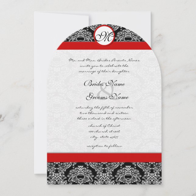 Greek Roco Black Damask Red Accents Wedding  Invitation (Front)