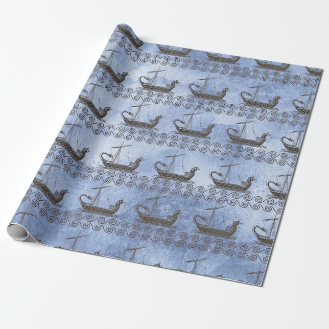 Greek Sailing Ships and Scroll on Blue Wrapping Paper (Unrolled)