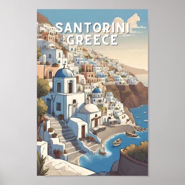Greek Santorini greek island vinatge travel blue  Poster (Front)