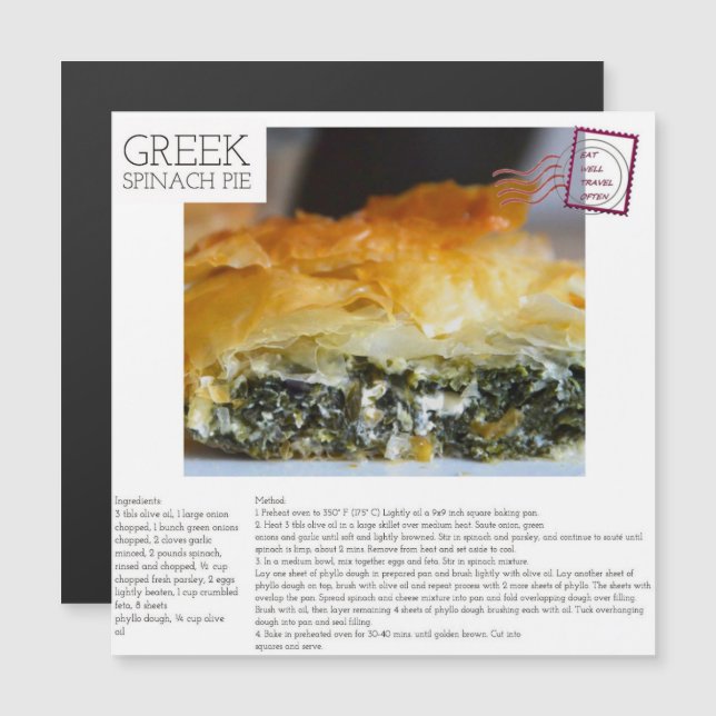 GREEK Spinach Pie Magnetic Recipe Postcard (Front/Back)