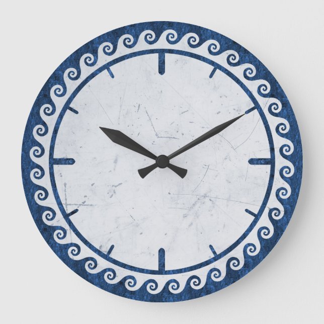 GREEK STYLE - MEANDER IN WAVES SHAPES IN BLUE LARGE CLOCK (Front)