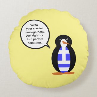 Greek Talking Penguin Flag Round Pillow