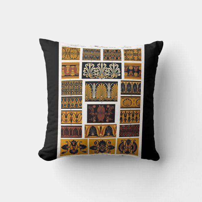 Greek textile art black orange red throw pillow (Front)