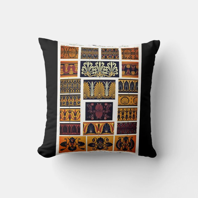 Greek textile art pattern black orange red throw pillow (Front)